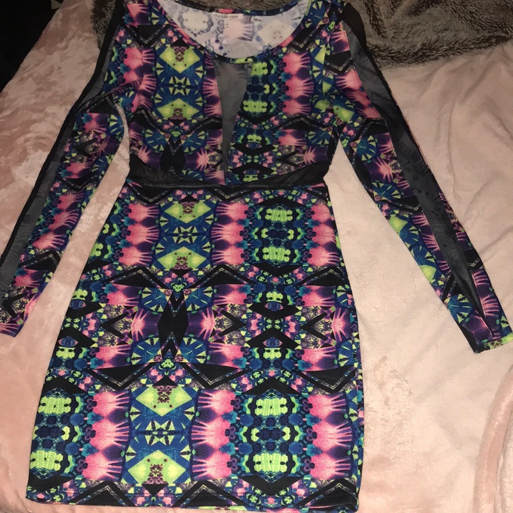 Neon long sleeve mesh mini party dress